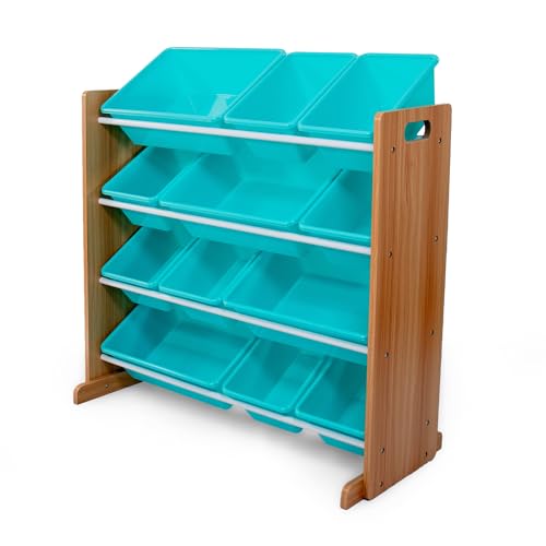 Kids Toy Organizer with 12 Bins - Tall Natural Wood & Aqua Storage Shelf