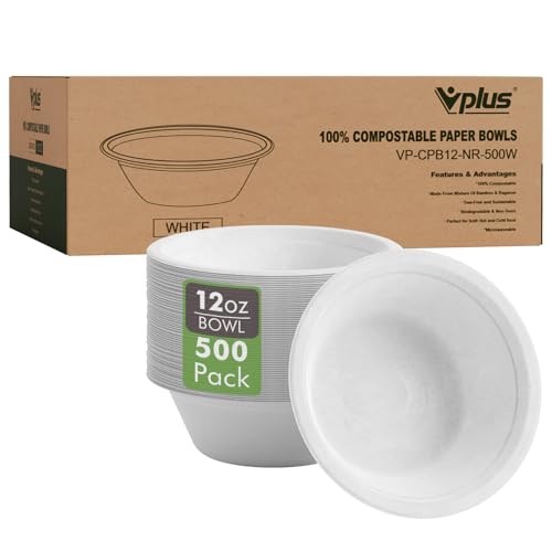 White Compostable 12 oz Bagasse Paper Bowls Bulk - 500 Pack