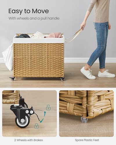 Laundry Hamper with Lid and 3 Sections - 160L Natural Synthetic Rattan Rolling Storage