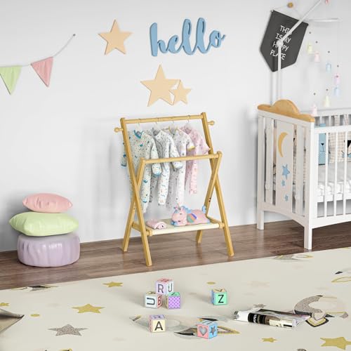 Natural Bamboo Baby & Pet Clothes Rack with Storage Shelf & Double Rods