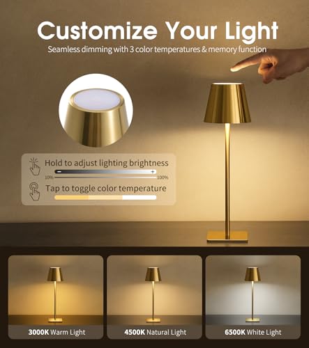 Brushed Gold 3-Pack Cordless Table Lamps with Touch Control & Dimming