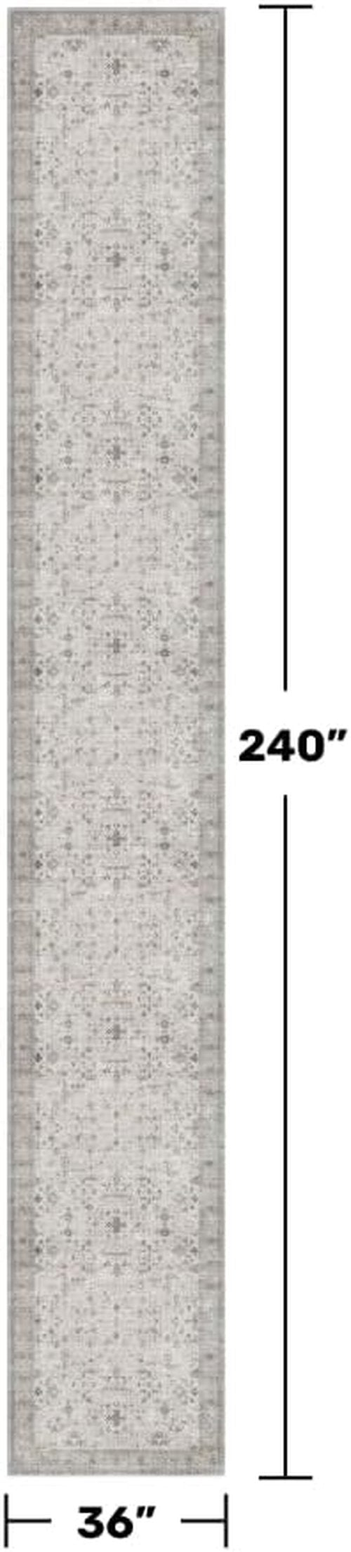 Hazo Haus Geometric Hallway Runner - Light Gray & Taupe Boho Floral Design, Washable Non-Slip Rug