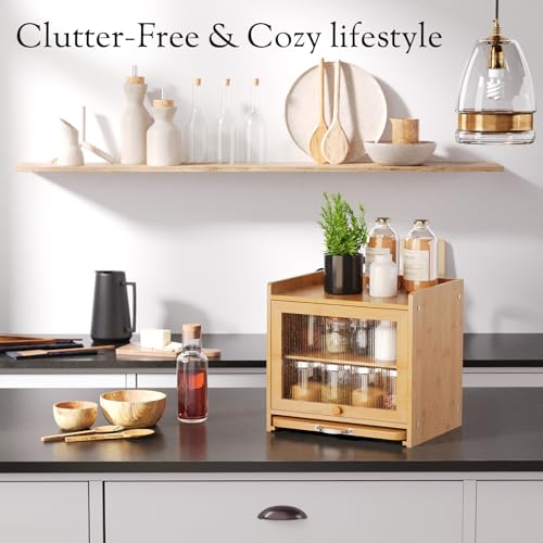 Natural Bamboo Bread Box with Double Layer & Cutting Board - Kitchen Storage