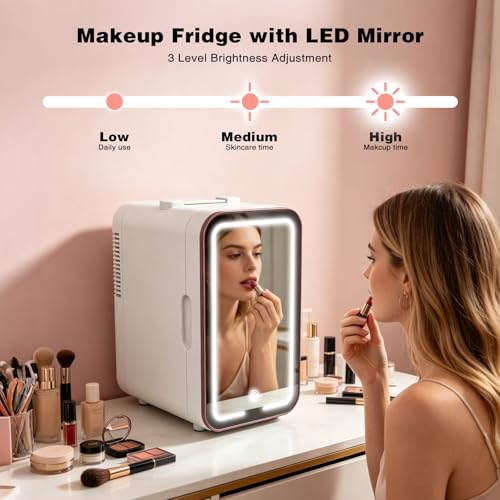 YLFU White Mini Skincare Fridge with Mirror, 6L Portable Cooler & Warmer - A-White-Mirror