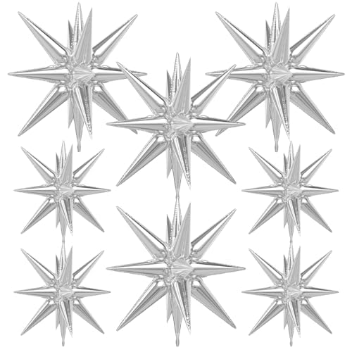 Silver Star Balloons,8Pcs Foil Balloons Explosion Star Balloon One-Piece 14-Pointed Spike Cone Mylar Balloon for halloween Birthday Wedding Bachelorette Disco Party Decorations