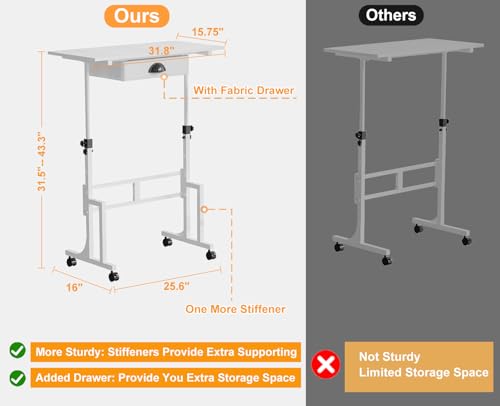 White Adjustable Standing Desk for Walking Pad Treadmill - Portable Mobile Laptop Workstation with Drawer, 31.89 x 15.75 Inches