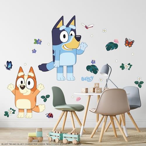 Bluey & Bingo Character Peel and Stick Wall Decals with Floral & Insect Design - Repositionable Kids Wall Decor