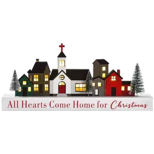 LED Lighted Christmas Village Decor, Rustic Wooden Merry Christmas Sign, Farmhouse Xmas Party Holiday Decor Centerpiece for Tiered Tray Mantel Home (6 buildings)