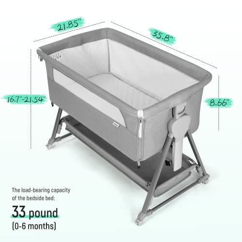 Cowiewie Pyramid Light Gray Baby Bedside Bassinet with 7-Position Height & Storage