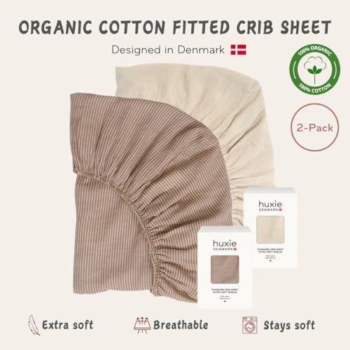 Huxie 2-Pack Organic Cotton Muslin Crib Sheets Fog/Stripe | 28x52 Inches