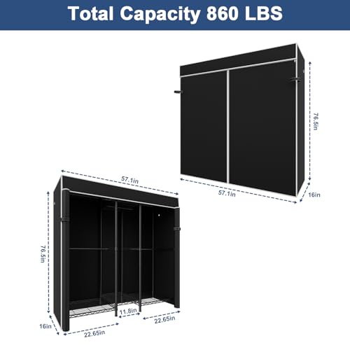 Ulif E12C Heavy Duty Black Closet Organizer with Cover - Freestanding Garment Rack, Adjustable, 860 lbs Capacity