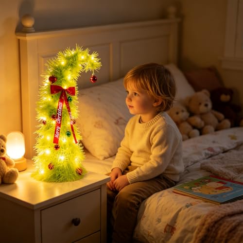 Nexstron Velvet Bow Mini Christmas Tree 20 Inch with Lights & Ornaments – Grinch-Inspired Holiday Decor