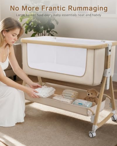 Baby Bassinet - Adjustable Bedside Sleeper with Mesh & Storage, Beige