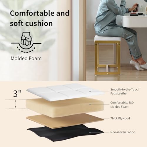 Vanity Stool with Gold Metal Legs - Faux Leather Makeup Bench for Bedroom & Living Room - White & Gold - Compact & Stylish