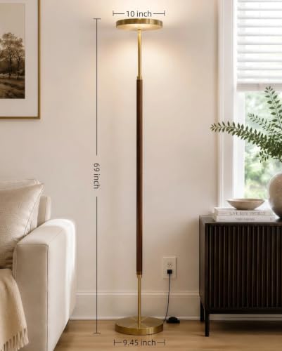 Walnut Wood & Brushed Brass LED Torchiere Floor Lamp with Remote Dimmable 3000LM