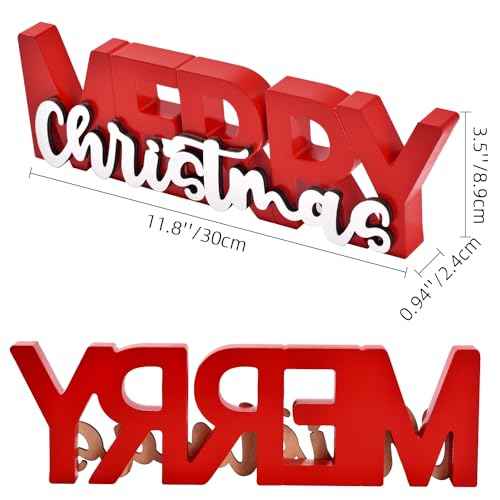 Merry Christmas Sign, Wooden Christmas Decoration, Free Standing Centerpiece, Xmas Party Decor for Table, Tiered Tray, Mantel (Red)
