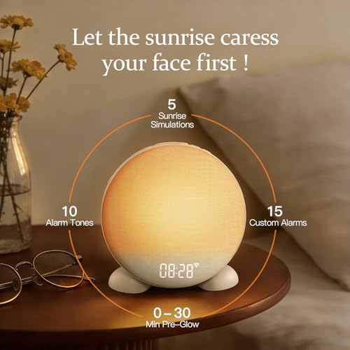 Smart Sunrise Alarm Clock with Night Light & White Noise Machine, Dimmable Wake Up Light, 15 Alarms