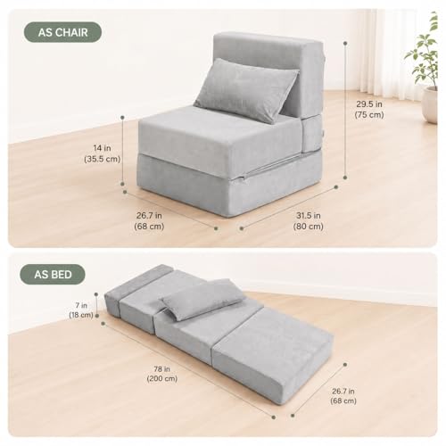 TokSay Grey Folding Sofa Bed 26.7in Convertible Sleeper Chair No Assembly
