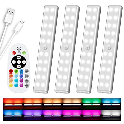 Diomart 4 Pack Rechargeable RGB Under Cabinet Lights with Remote Control - 15 Color Changeable Wireless LED Night Lights for Indoor Display Shelf