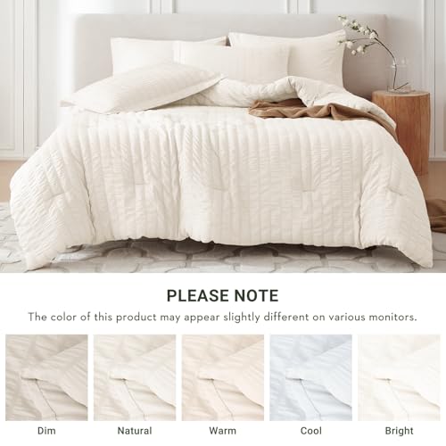 MUXHOMO Ivory Queen Comforter Set 7 Pieces Seersucker Bedding All Season