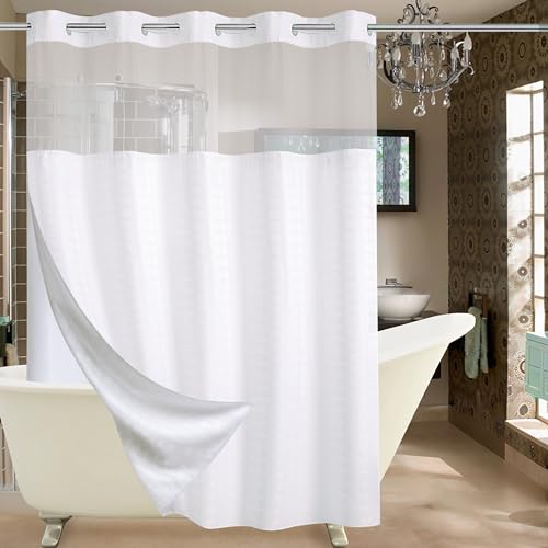 Check-White Shower Curtain with Snap-In Liner Set - 71W x 74H, Waterproof, Hotel Quality