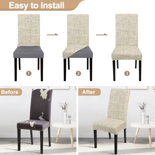 SearchI Flaxen Print Dining Chair Covers Set of 6 – Stretchable, Washable Parsons Slipcovers for Kitchen & Dining Chairs