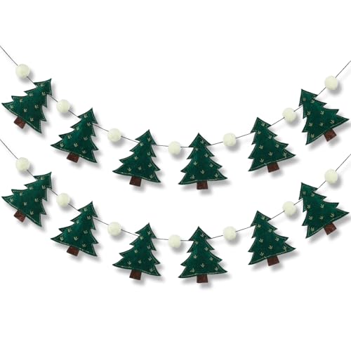 Christmas Garland with Felt Green Pine Trees & Wool Pompoms - 2 Pack