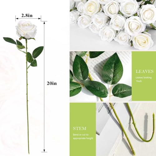 Artificial White Rose Flowers Bulk - Velvet Silk Long-Stem 120 Pcs
