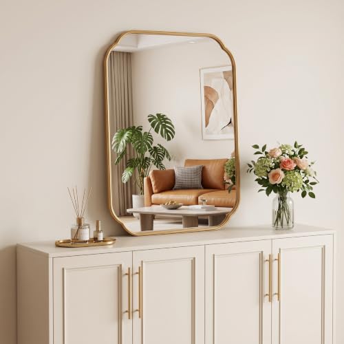 Gold Scalloped Bathroom Mirror - 36x24 Inch Rust-Proof Metal Frame - Variation: Gold / 36"L x 24"W