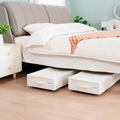 Beige Under Bed Storage Containers with Wheels - 2 Pack with Label Holders, Large Capacity, Dustproof Cover (30.71x15.7x7.28 in)