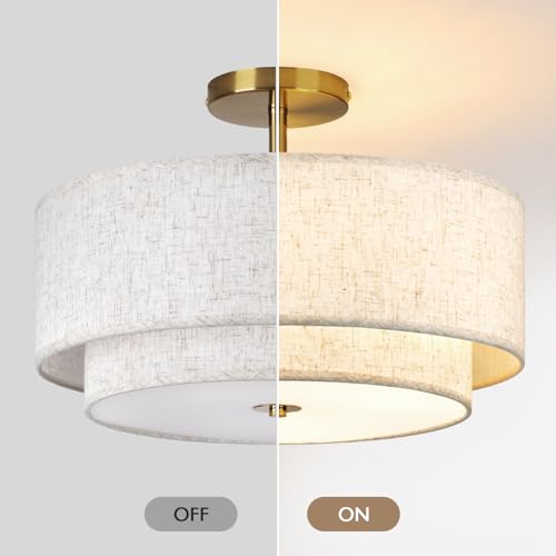 CALOKES 16-inch Gold Double Drum Semi-Flush Ceiling Light with Fabric Shade