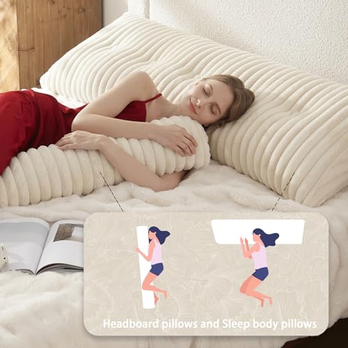 Beige Queen Faux Fur Headboard Wedge & Neck Body Pillow Set - AmyWtb