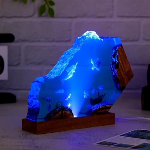 Drawelry Ocean Turtle Epoxy Resin Wood Night Lamp - Handmade Wave Sea Decor S