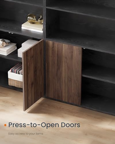 SONGMICS HOME Snapsemble 6-Tier Book Shelf with Doors, Adjustable Shelves, Ebony Black + Natural Walnut