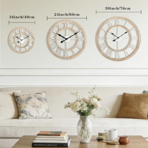 24 Inch Large Rustic Wall Clock - Silent Wooden Farmhouse Decor with Roman Numerals - Light Ivory Variation