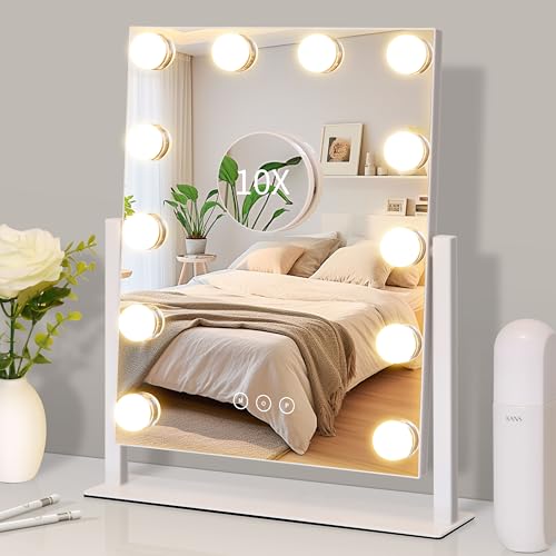 Lighted Vanity Mirror with 12 Dimmable Bulbs, 3 Color Modes, 10X Magnification, 360° Rotation - White, 16.8" L x 13.3" W