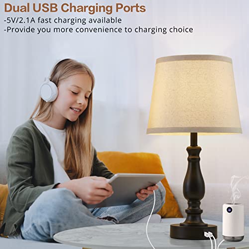 Bedroom Set of 2 Touch Dimmable Bedside Lamps with USB-C Ports - Light Oat Shade & Black Base