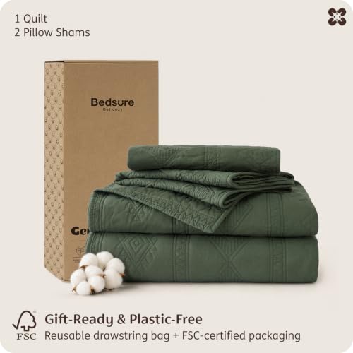 Cotton Quilt Set Queen - Olive Green, Tribal Geometry Pattern