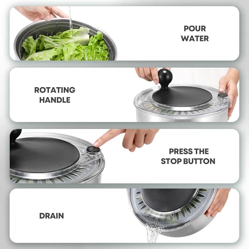 Black Stainless Steel Salad Spinner 5.3 Qt with Quick Dry & Stop - Easy Drain