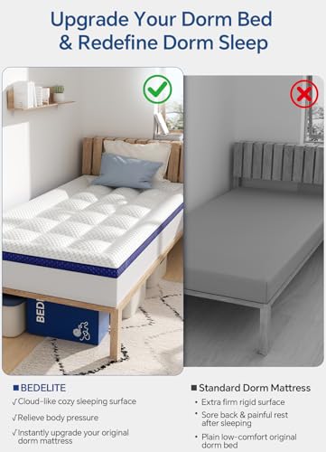 BEDELITE Twin XL Memory Foam Mattress Topper 4 Inch Dual Layer Cooling Bed Accessory White
