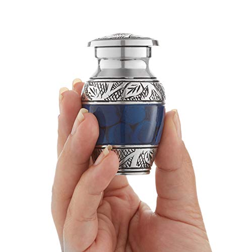 Mini Cremation Urns Set of 6 - Blue & Silver Keepsake with Velvet Case