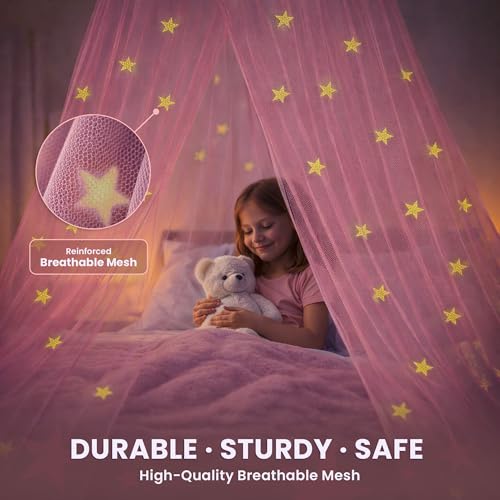 Pink Bed Canopy for Girls with Glowing Stars - Princess Room Decor, Fits Twin to Queen Size Bed