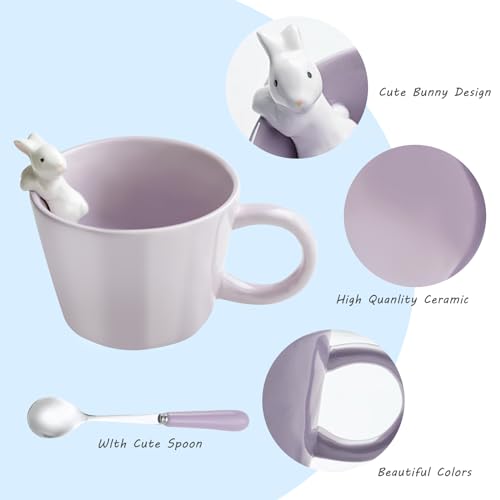 BigNoseDeer Cute Easter Bunny Mugs with 3D Rabbit Inside Ceramic Bunny Coffee Mug with Spoon Cute Gifts Easter Gifts for Women Kids 12oz (Purple)