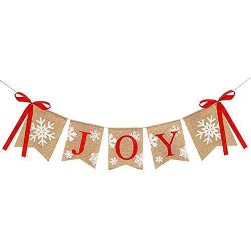 Whaline Christmas Burlap Banner Joy Bunting Flag Snowflake Banner with Ribbon Bows Rustic Hanging Banner Garland for Christmas Winter Holiday New Year Party Mantel Fireplace Decoration Supplies