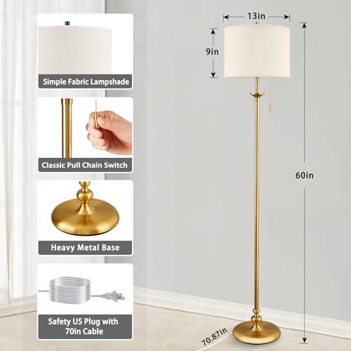 Luvkczc 60-Inch Gold Floor Lamp with Fabric Shade - Modern Living Room Lighting
