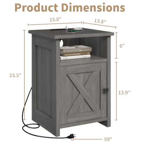 AURINEST Farmhouse End Table Set of 2 with Charging Station - Rustic Nightstands with Barn Door & Storage Shelf, Grey