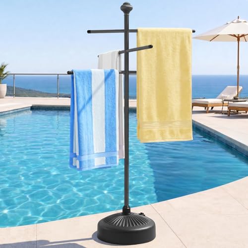 Gray 59-Inch Outdoor Pool Towel Rack with Adjustable Bars & Stable Base