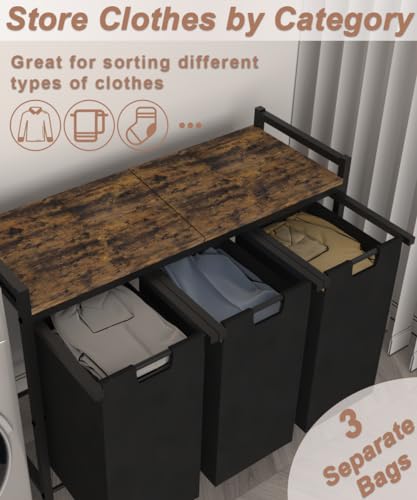3 Section Laundry Hamper with Pull-Out Bins - Rustic Brown & Black, No Wheels