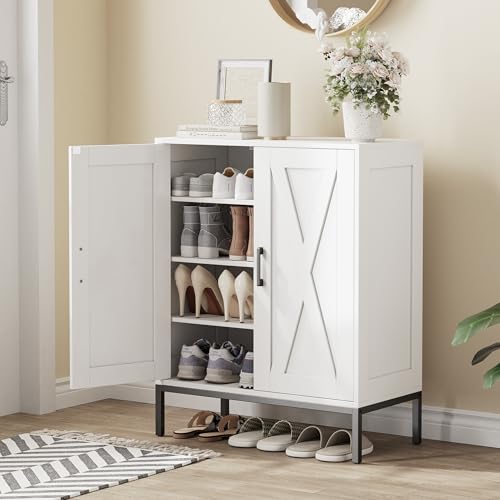 White Farmhouse Shoe Cabinet with 2 Barn Doors & Metal Legs - Homleke