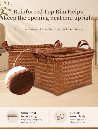 Rectangle Brown Wicker Storage Baskets 4 Pack with Vegan Leather Handles - Organizers for Shelves and Closets
